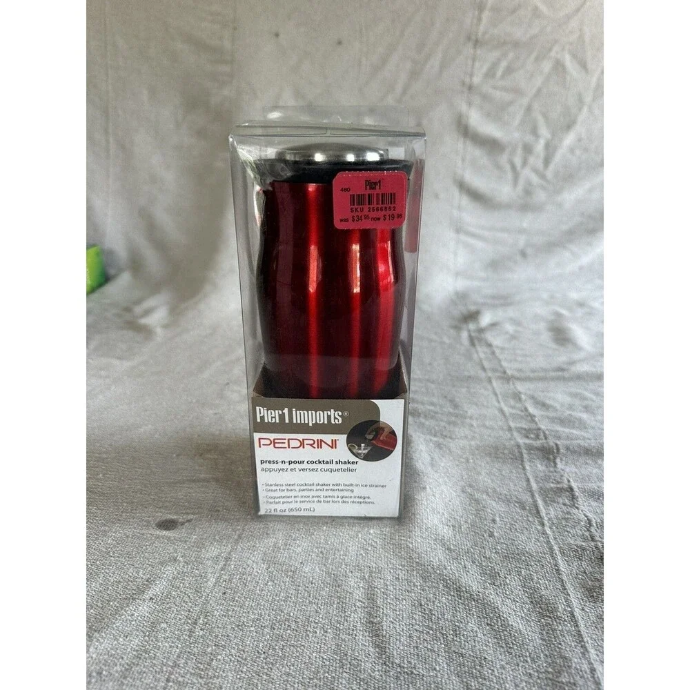 Pier One Red Silver Black Cocktail Shaker 8 inch, NIB